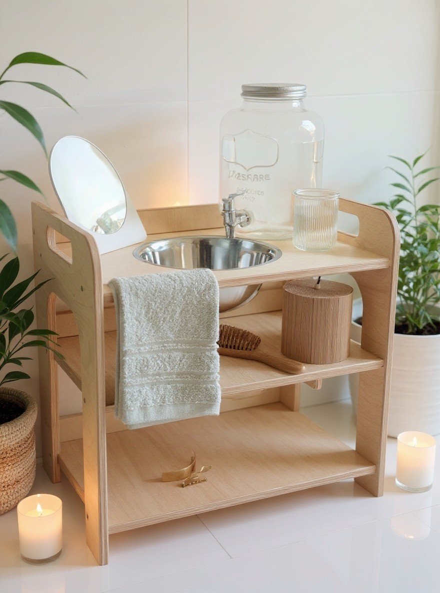 3. Montessori wash station with enamel bowl and towel surrounded by candles and plants