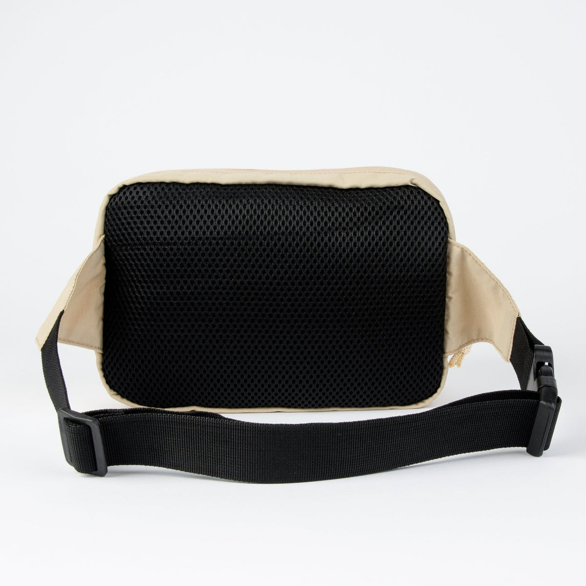 2. Back view of beige Sniff Retro Waist Bag with black mesh padding and adjustable strap