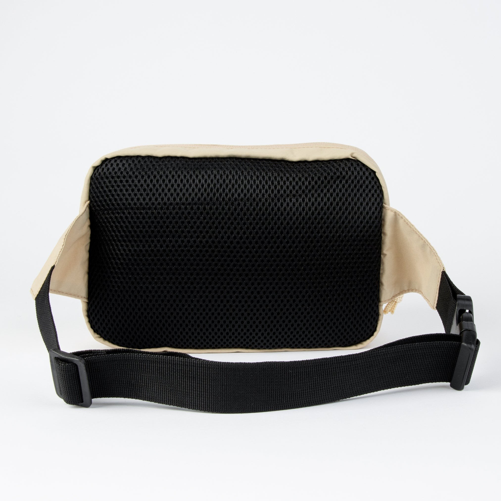 2. Back view of beige Sniff Retro Waist Bag with black mesh padding and adjustable strap