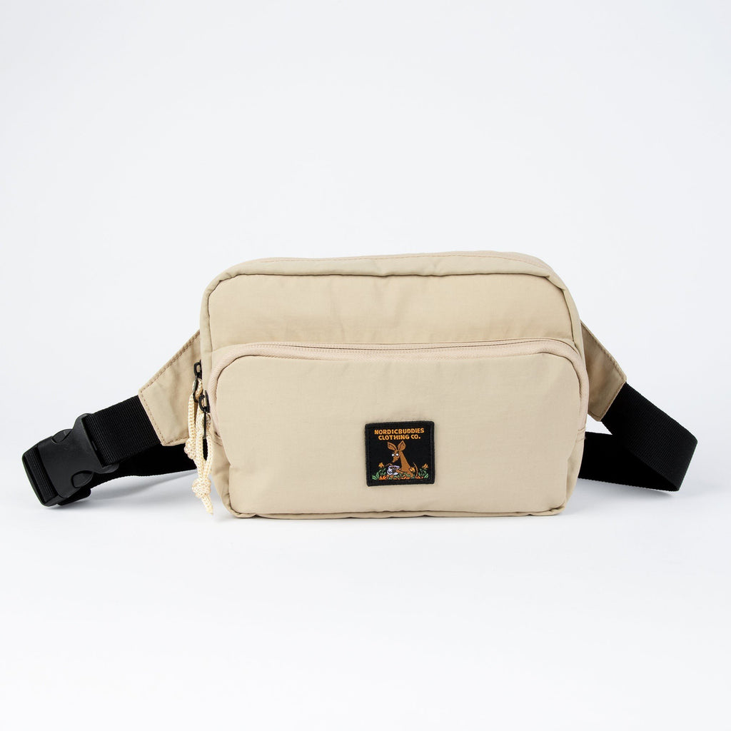 2. Front view of beige Sniff Retro Waist Bag by Moomin with black adjustable strap, studio background