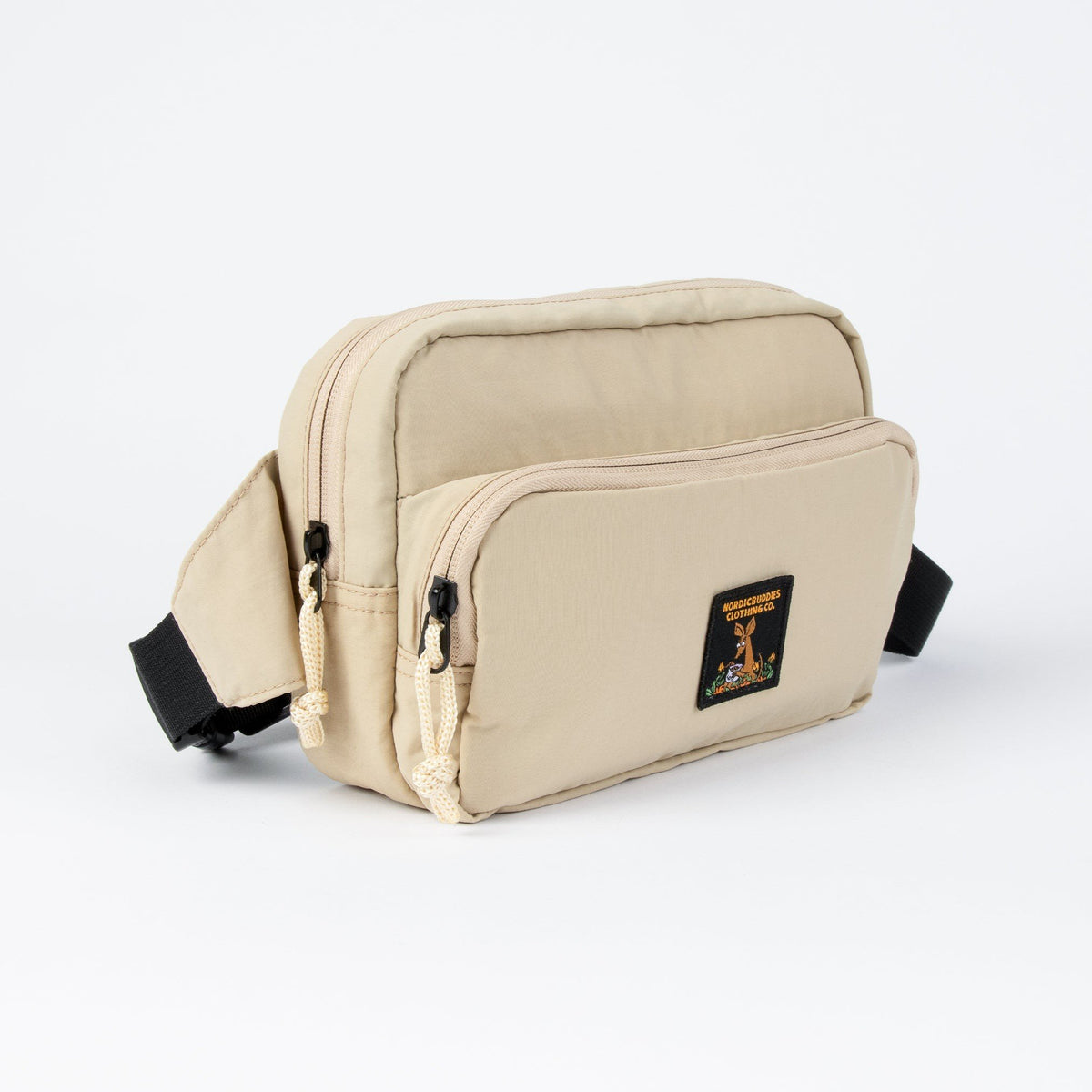 2. Beige Sniff Retro Waist Bag by Moomin with black strap and front pocket, studio background