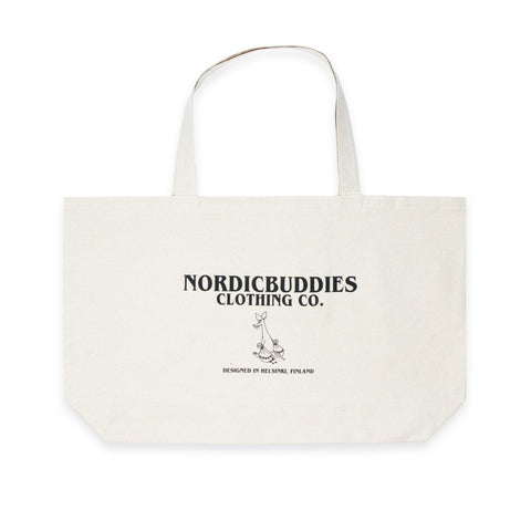 2. Black XXL tote bag made of 100% heavy cotton featuring Nordicbuddies logo and Moomin character design, shown on a white background