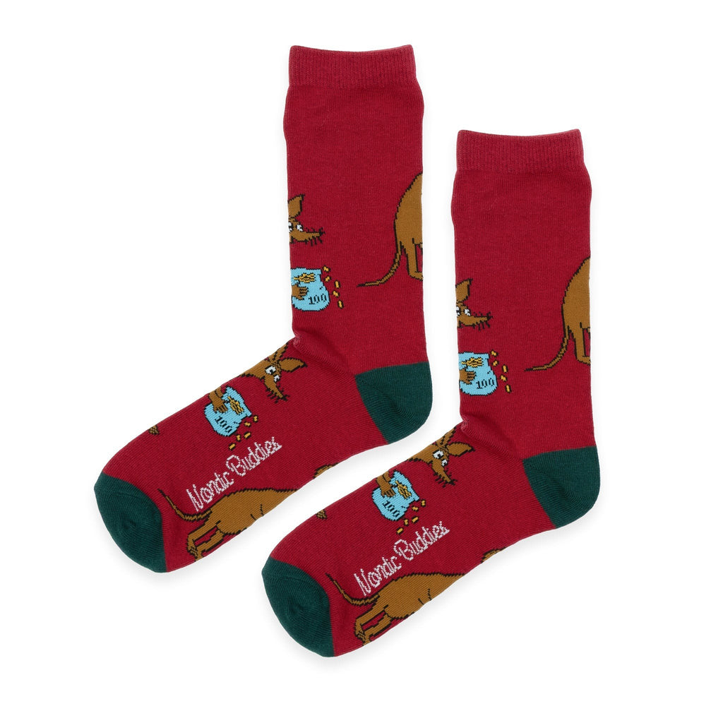 5. Red Moomin socks with Sniff character and NordicBuddies logo, green heel and toe