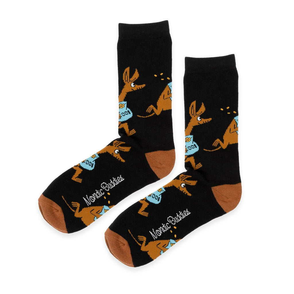 4. Black Moomin socks with Sniff character and NordicBuddies logo, brown heel and toe
