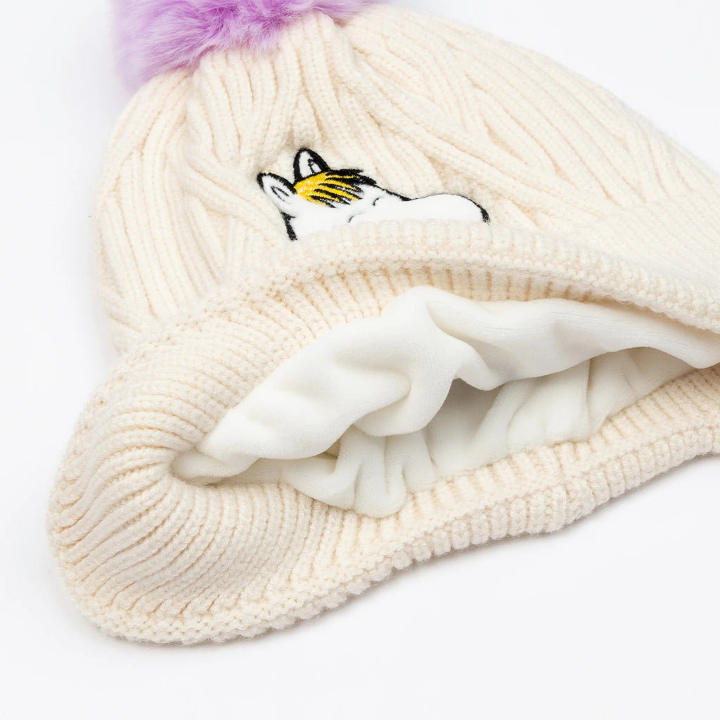 3. Close-up of cream Snorkmaiden beanie showing soft fleece lining and Moomin character embroidery
