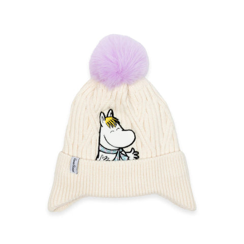 2. Cream Snorkmaiden winter beanie with purple pom-pom and Moomin character embroidery on white background