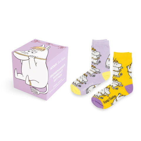 1. Snorkmaiden's Workout Gift Box with two pairs of socks, one purple and one yellow, featuring Moomin character, on a white background