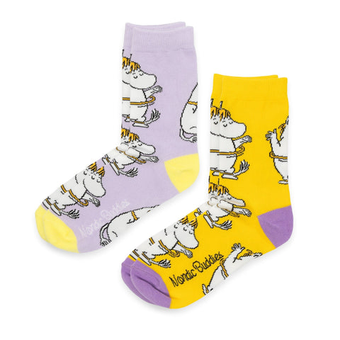 4. Pair of purple and yellow socks with Snorkmaiden hula hoop design, showing Nordic Buddies logo