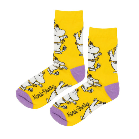 2. Yellow socks with purple heel and toe, featuring Snorkmaiden hula hoop design and Nordic Buddies logo