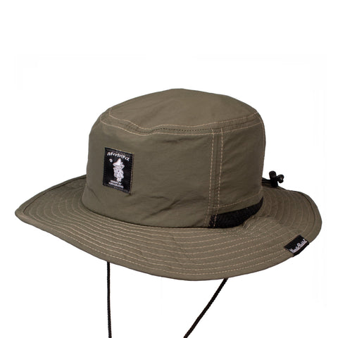 5. Angled view of Snufkin Brimmer Hat in green by Moomin, highlighting logo patch and brim