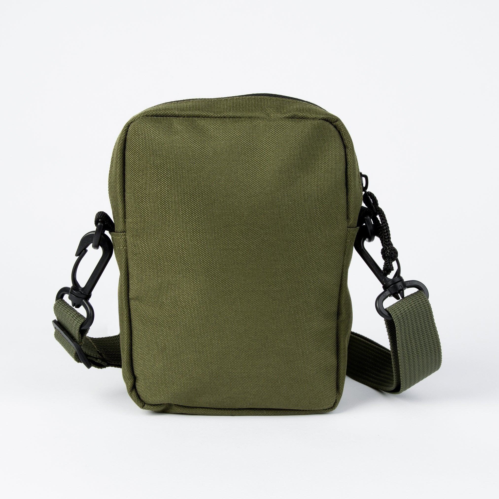 4. Back view of green Snufkin travel cross body bag by Moomin NordicBuddies with adjustable strap in studio setting