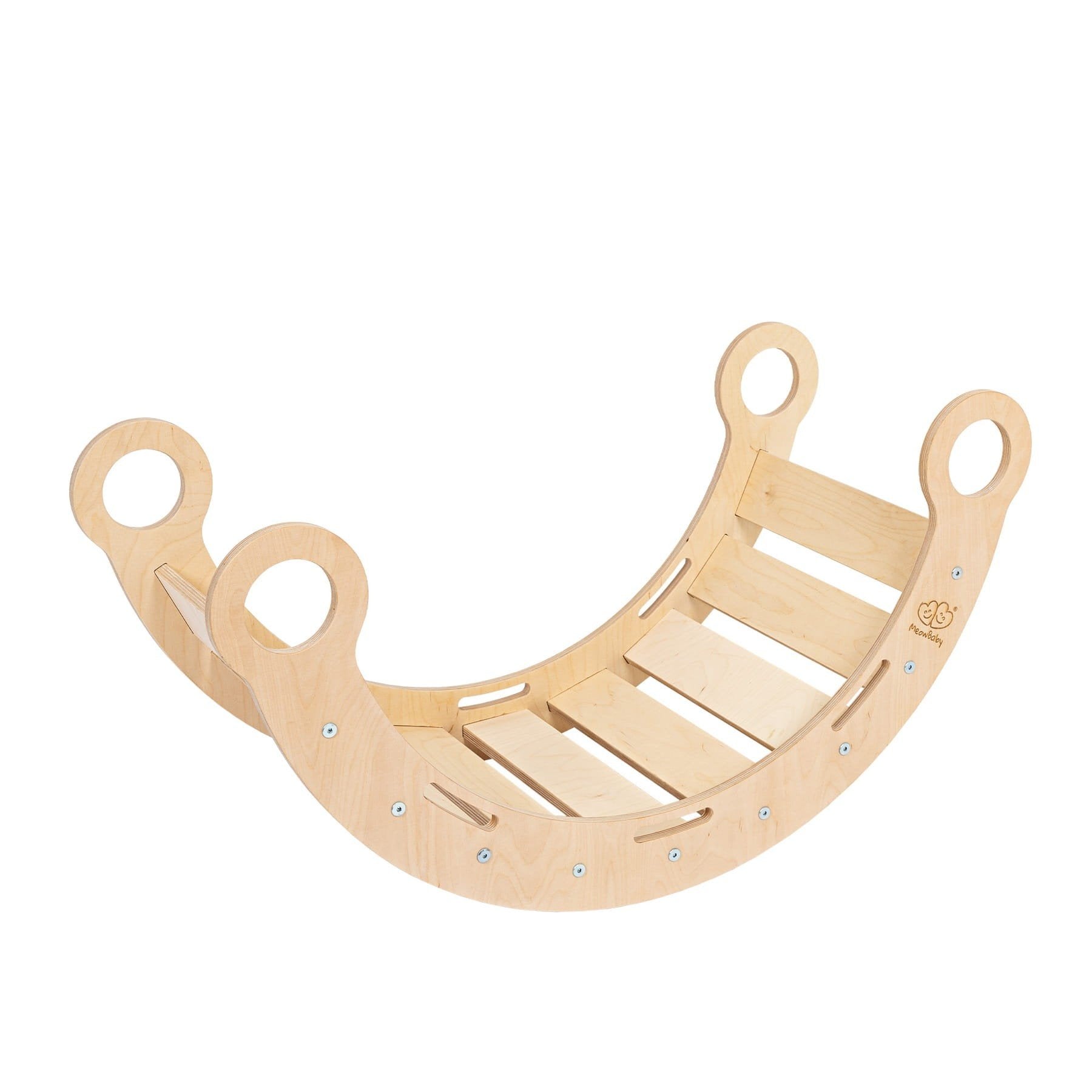 2. Angled view of Snug Rocker for kids in natural birch plywood without pillow, featuring slatted design and handles