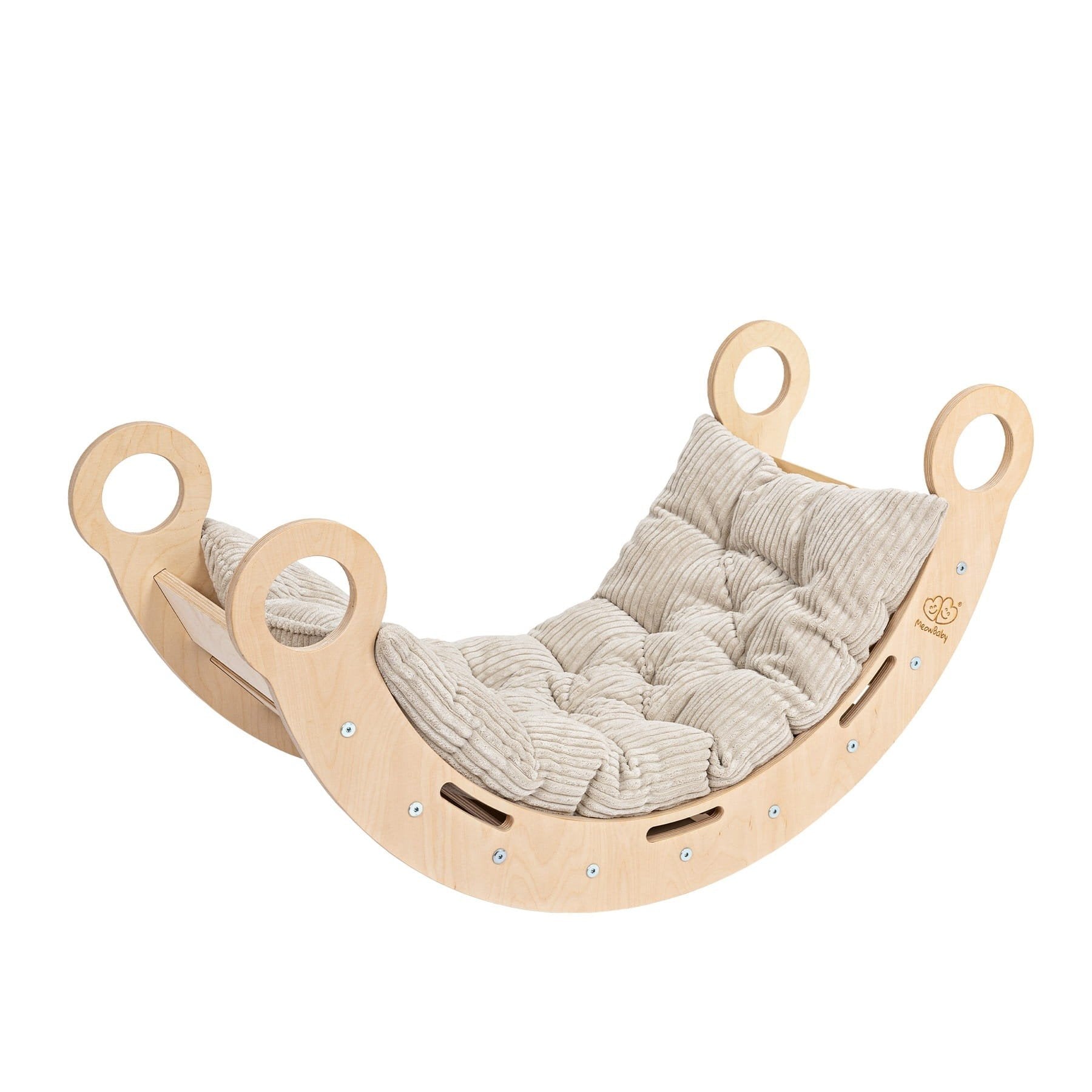 1. Snug Rocker for kids in natural birch plywood with beige cushioned pillow, angled view highlighting rounded handles