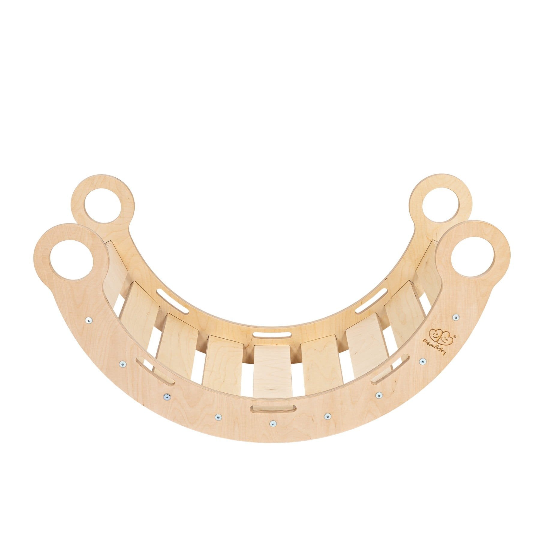 2. Top view of Snug Rocker for kids in natural birch plywood without pillow, showing slatted design and handles
