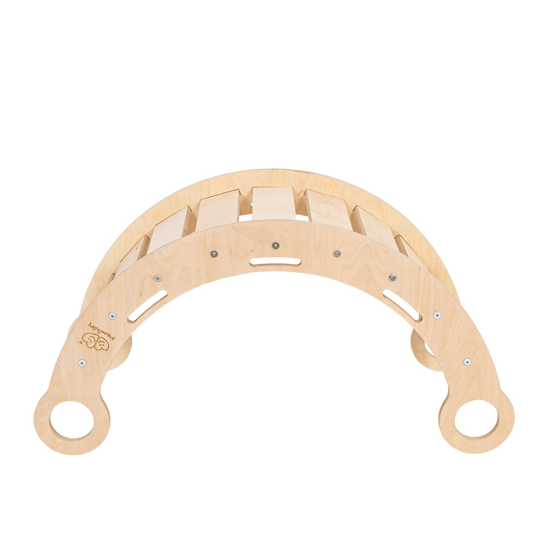 2. Front view of Snug Rocker for kids in natural birch plywood without pillow, highlighting slatted design