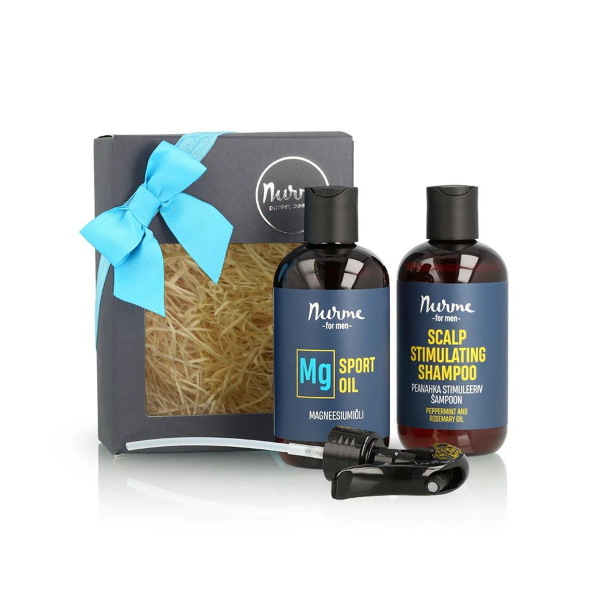 2. Nurme SPORT gift set for men featuring magnesium oil and scalp stimulating shampoo with peppermint and rosemary, eco-friendly packaging with blue ribbon