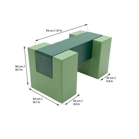 2. IGLU green soft play balance bridge with dimensions labeled in centimeters and inches on a white background