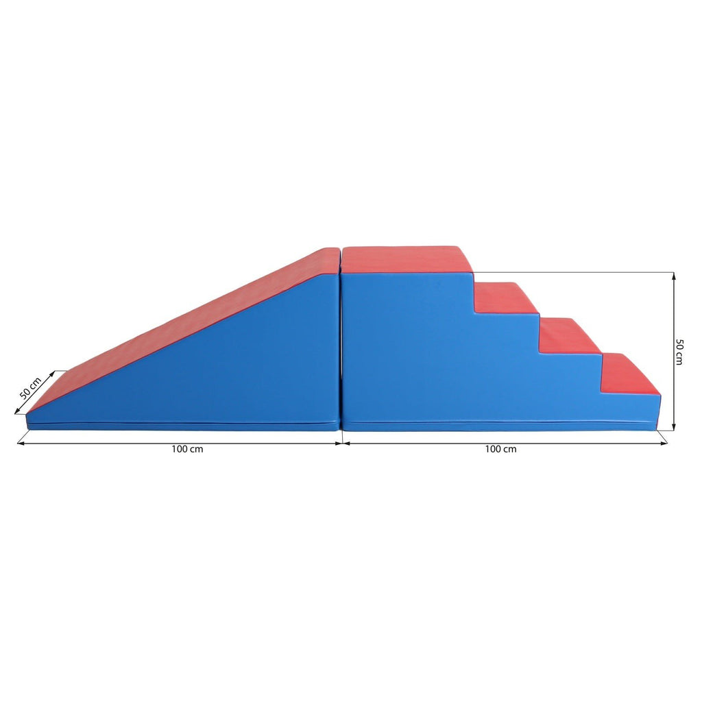 5. Size chart for blue and red soft play step and slide set with dimensions in centimeters