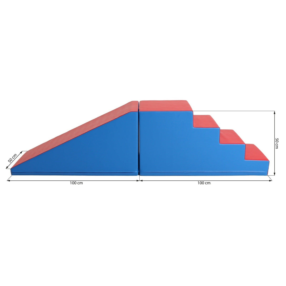 5. Size chart for blue and red soft play step and slide set with dimensions in centimeters
