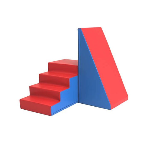 1. Blue and red soft play step and slide set by IGLU shown in a studio setting
