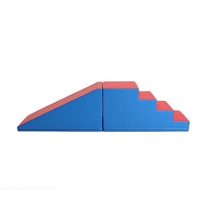 2. Side view of blue and red soft play step and slide set by IGLU in studio lighting