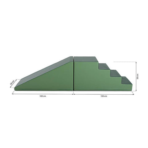 3. Green soft play step and slide set with dimensions in centimeters on a white background