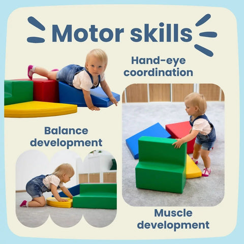 2. Toddler playing with colorful soft play blocks for motor skills development, including balance and hand-eye coordination