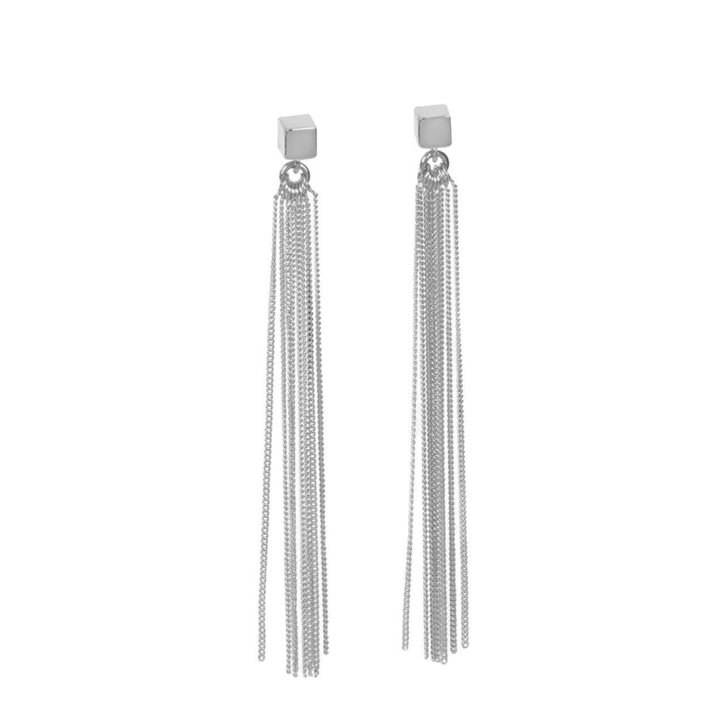 1. MyaMoon women's silver C-Tassel earrings with cube stud and chain tassels, studio shot