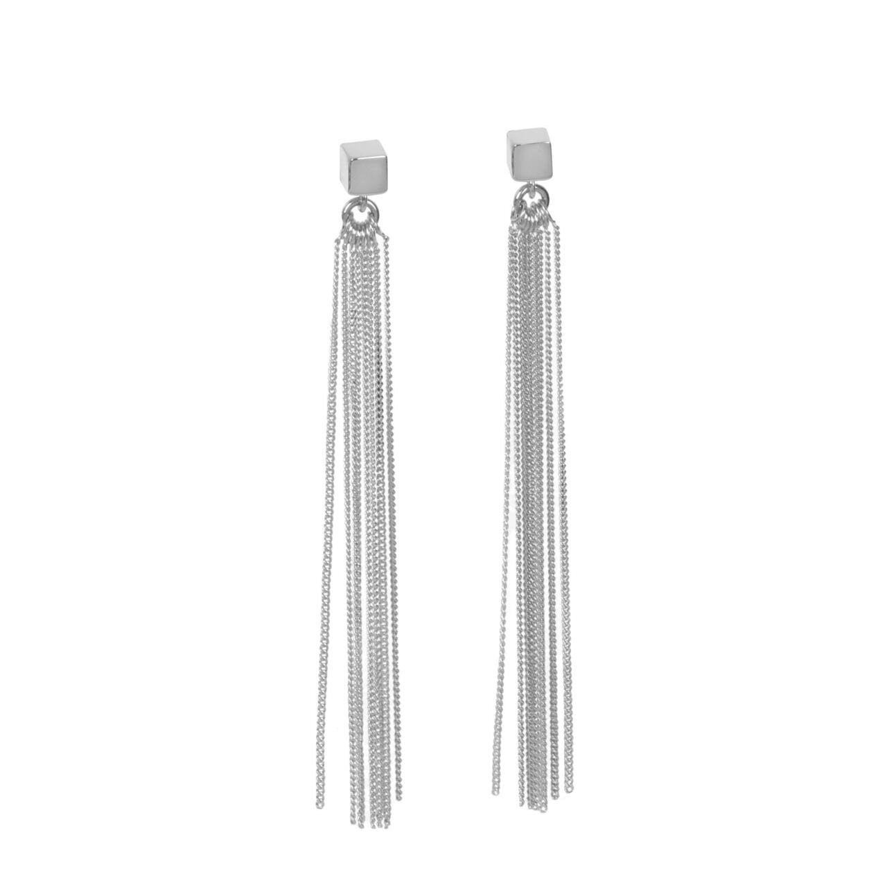 1. MyaMoon women's silver C-Tassel earrings with cube stud and chain tassels, studio shot
