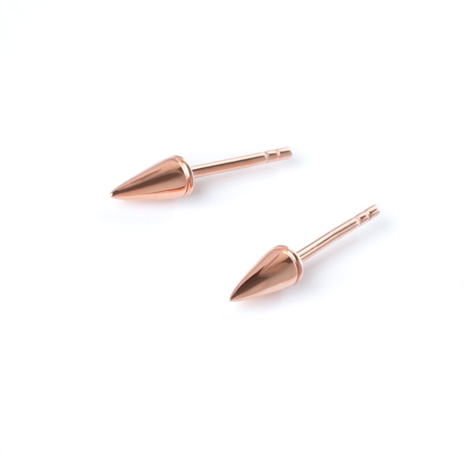 2. Pair of MyaMoon solid cone earrings in rose gold and silver 925 on white background, showcasing sleek and bold design