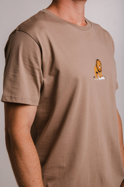 3. Side view of Sossu Lion T-shirt in Milky Brown, showing embroidered lion detail and regular fit
