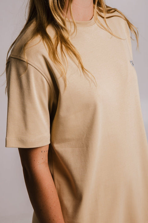 4. Side view close-up of Sossu's light brown Panda Heavy T-shirt showing sleeve detail