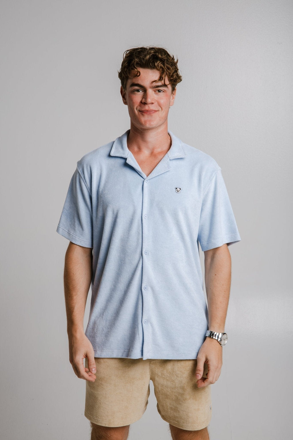 3. Front view of men's light blue Panda Terry Shirt by Sossu, relaxed fit