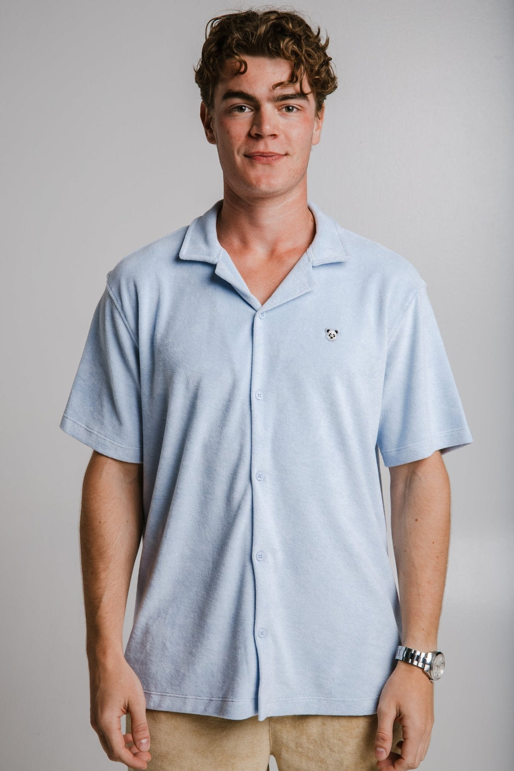 1. Men's light blue Panda Terry Shirt by Sossu, shown in studio setting