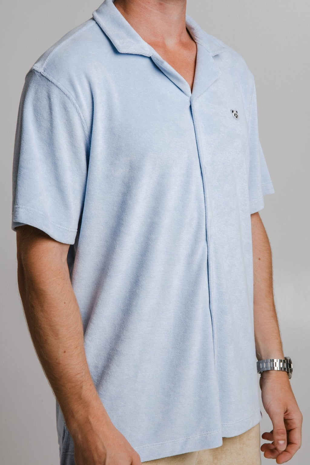 4. Close-up of men's light blue Panda Terry Shirt by Sossu, highlighting fabric texture