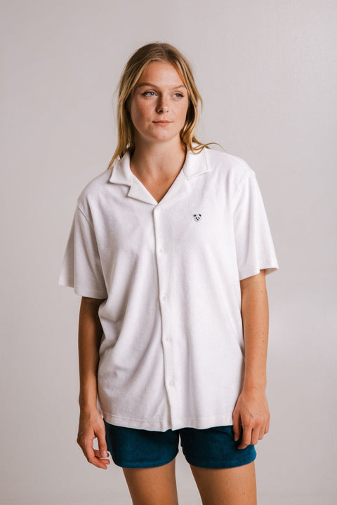 1. Women's white Panda Terry Shirt by Sossu, featuring a relaxed fit and embroidered panda detail, shown in a studio setting