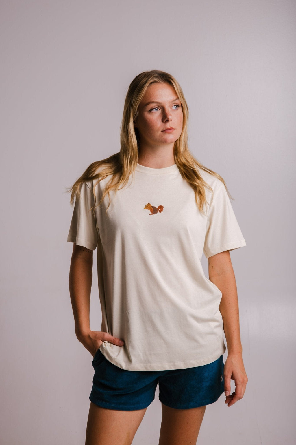 4. Women's Sossu Squirrel T-shirt in Parchment, front view, studio setting