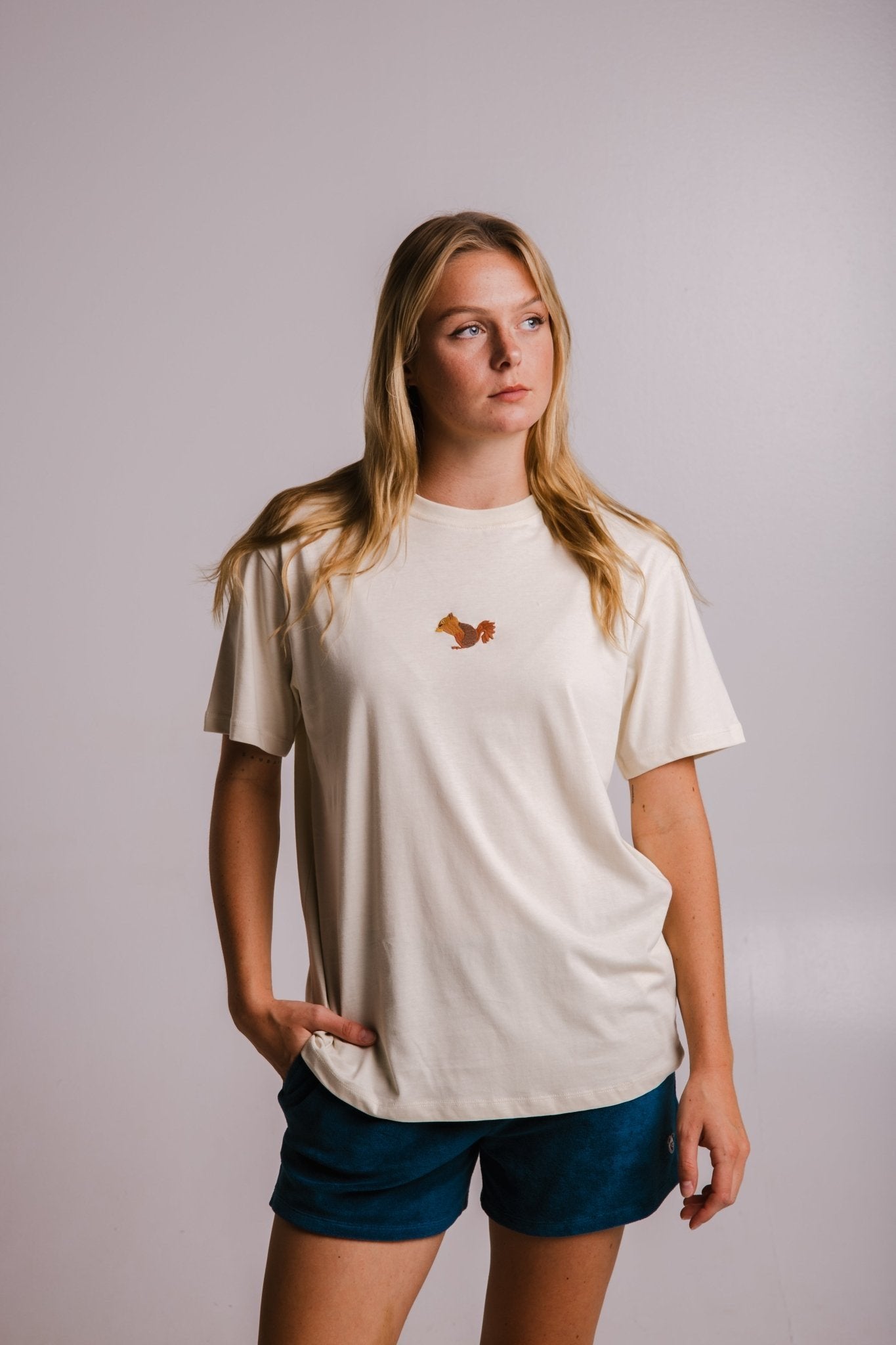 4. Women's Sossu Squirrel T-shirt in Parchment, front view, studio setting