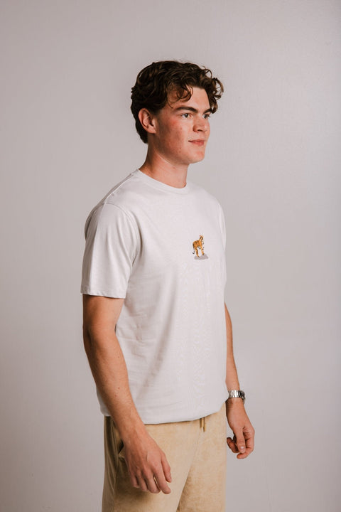 3. Men's grey Tiger T-shirt by Sossu, side view in studio setting