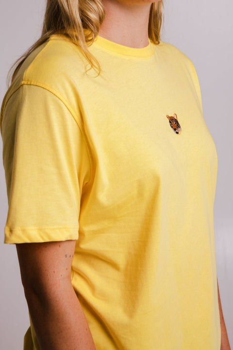 3. Close-up of yellow Tiger T-shirt by Sossu, highlighting embroidered tiger logo