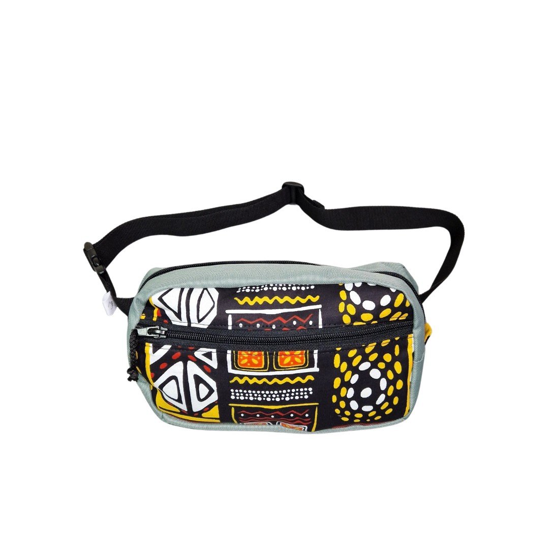 2. Drinbags spacious water-resistant waist bag with African print, featuring two pockets and adjustable strap, shown on white background