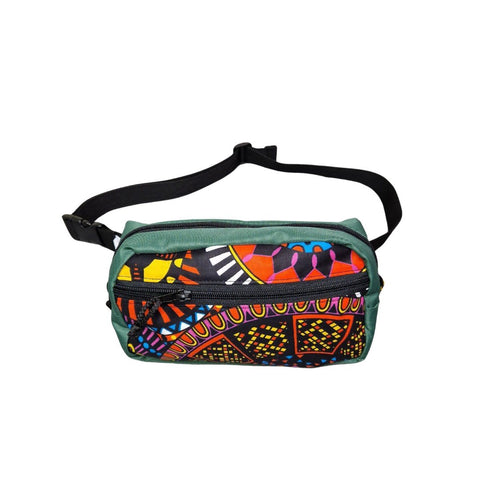 2. Drinbags spacious water-resistant waist bag with colorful kaleidoscope pattern and adjustable strap, shown in studio setting