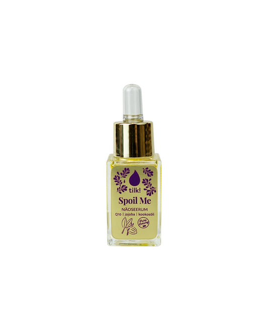 2. Tilk! Spoil Me Anti-Ageing Face Serum with Q10, 15ml, studio shot of bottle
