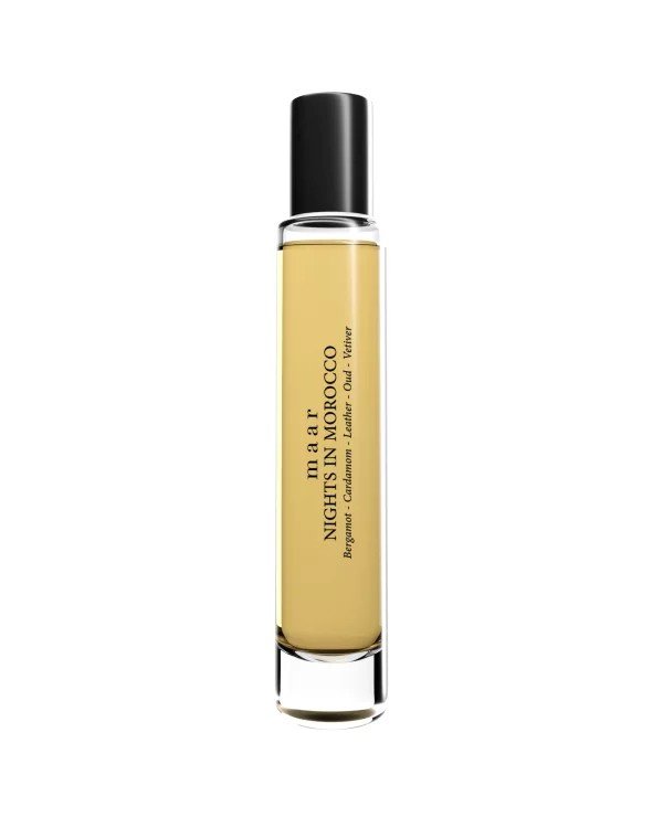 1. Maar Nights in Morocco perfume in 15ml spray bottle with black cap and clear glass showcasing amber liquid