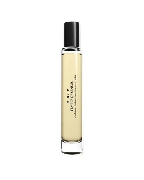 1. Maar Temple of Sensus spray perfume in a sleek glass bottle with black cap, 15ml size, on a white background