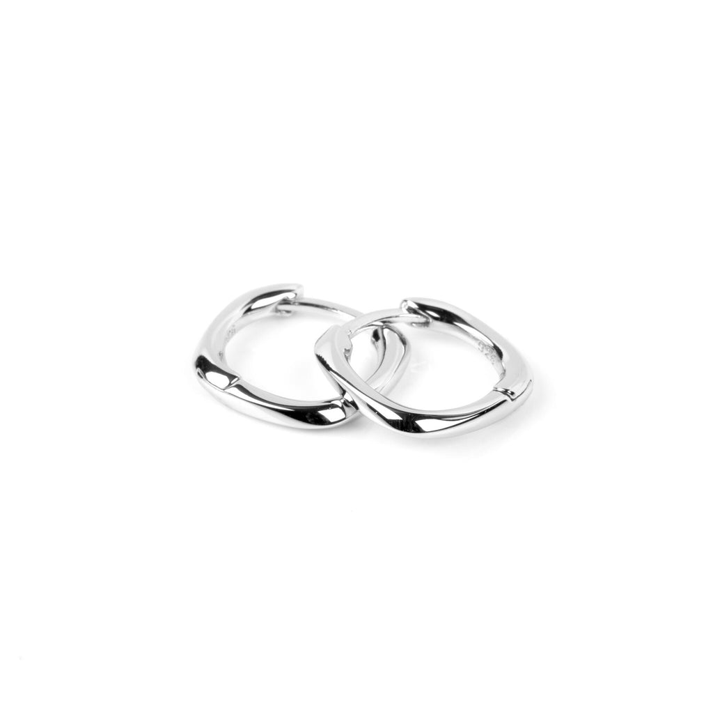 3. Studio shot of MyaMoon square hoop earrings in silver, crafted from 925 sterling silver with rhodium plating