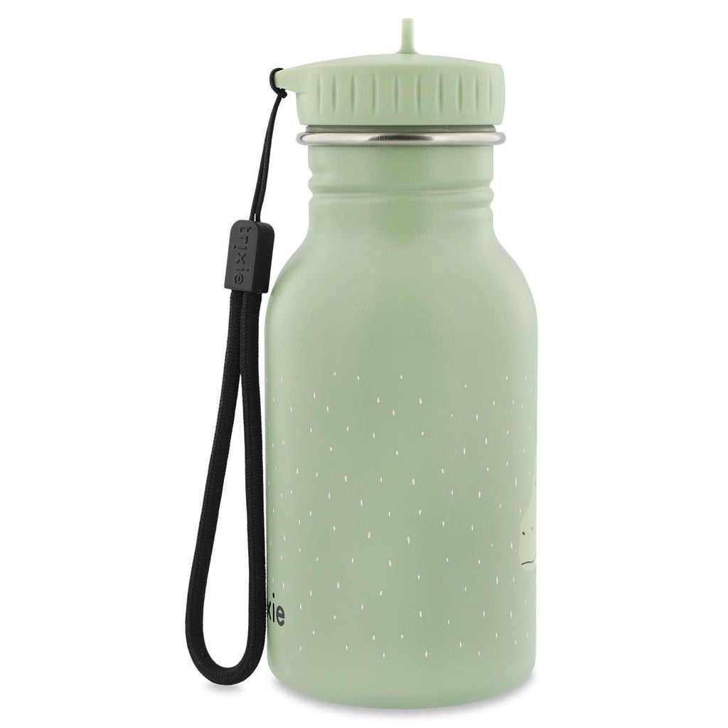 3. Close-up of green bottle with black carrying loop and dragon design, studio setting