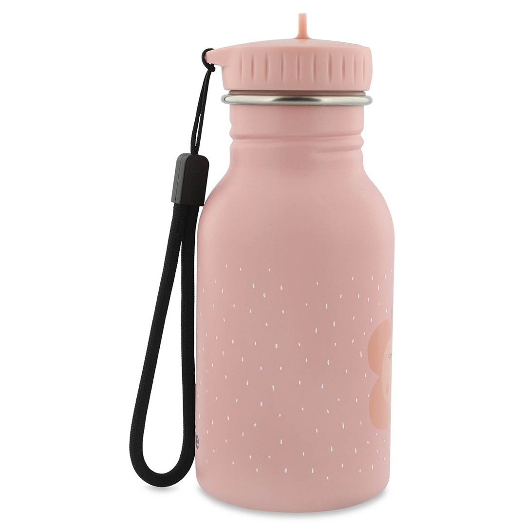 2. Side view of pink stainless steel bottle with black carrying loop and butterfly design