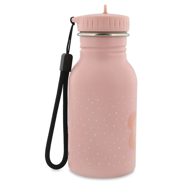 2. Side view of pink stainless steel bottle with black carrying loop and butterfly design