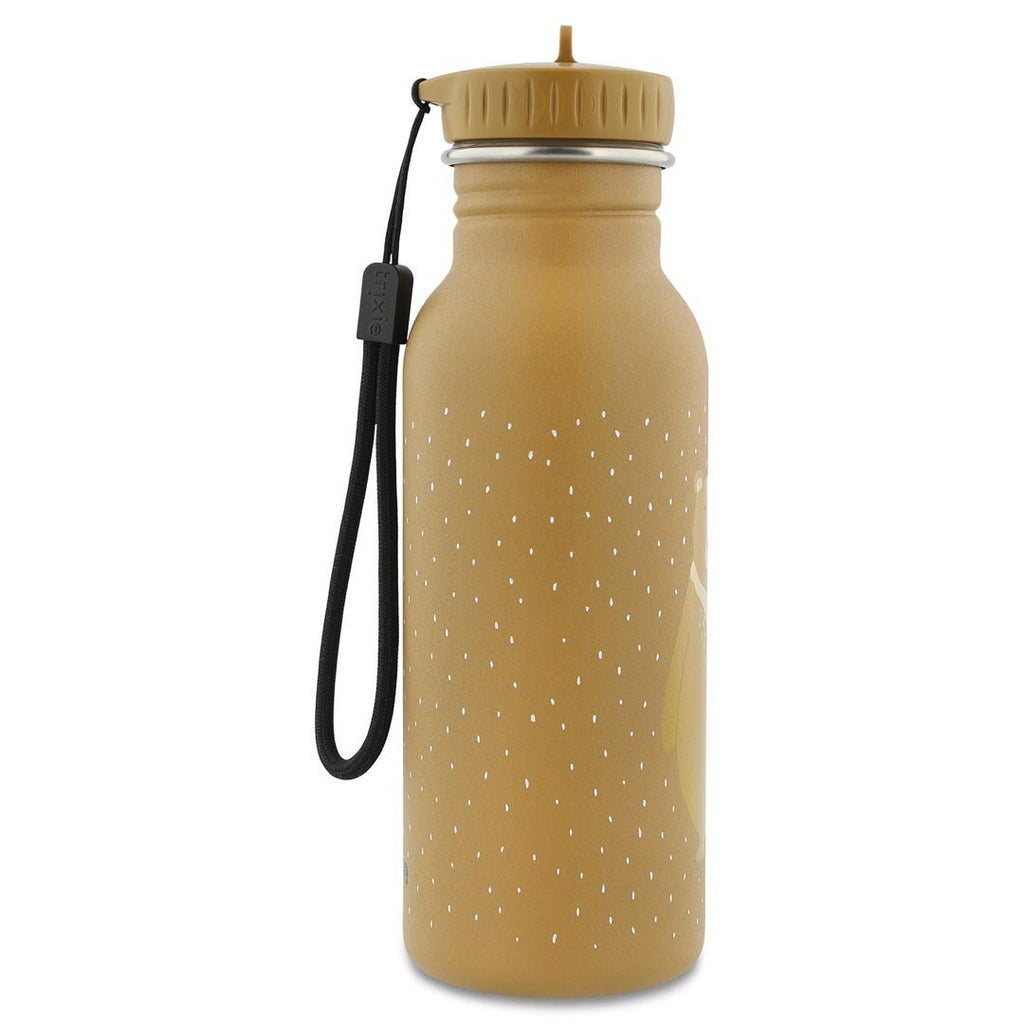 10. Side view of Trixie Baby Mr. Bear stainless steel bottle in brown with black carrying loop, studio shot